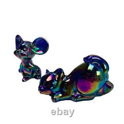 Fenton Carnival Iridescent Mouse & Cat Figurine Set Vintage Art Glass Heavy