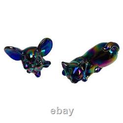 Fenton Carnival Iridescent Mouse & Cat Figurine Set Vintage Art Glass Heavy