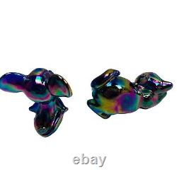 Fenton Carnival Iridescent Mouse & Cat Figurine Set Vintage Art Glass Heavy