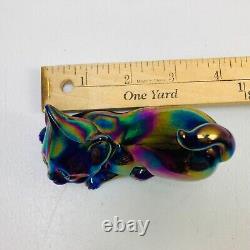 Fenton Carnival Iridescent Mouse & Cat Figurine Set Vintage Art Glass Heavy