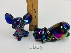 Fenton Carnival Iridescent Mouse & Cat Figurine Set Vintage Art Glass Heavy