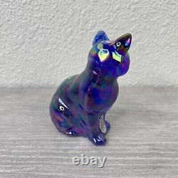 Fenton Cobalt Blue Iridescent Carnival Glass Cat with Tag Hand Painted Signed 4