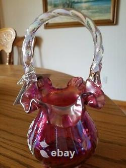 Fenton Cranberry Iridescent Carnival Glass Basket Ruffled Hand Painted Signed