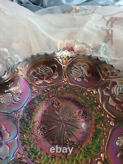 Fenton DRAGON & LOTUS Carnival Glass Bowl COBALT Blue Ruffled IRIDESCENT Antique