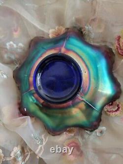 Fenton DRAGON & LOTUS Carnival Glass Bowl COBALT Blue Ruffled IRIDESCENT Antique