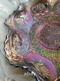 Fenton DRAGON & LOTUS Carnival Glass Bowl COBALT Blue Ruffled IRIDESCENT Antique