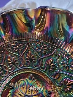 Fenton Dark Carnival Glass 10in Pedestal Bowl Hearts Flowers Iridescent Pattern