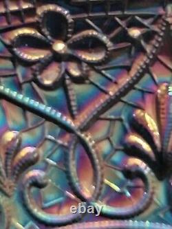Fenton Dark Carnival Glass 10in Pedestal Bowl Hearts Flowers Iridescent Pattern