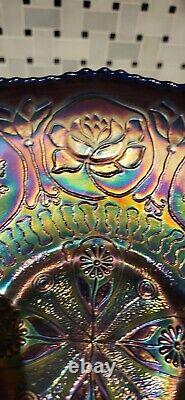 Fenton Dragon & Lotus Carnival Glass Ice Cream Bowl 8 1/2 wide. Blue. Excellent