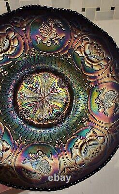 Fenton Dragon & Lotus Carnival Glass Ice Cream Bowl 8 1/2 wide. Blue. Excellent