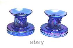 Fenton Eagle Candle Holders Cobalt Blue Iridescent Carnival Glass Candlesticks