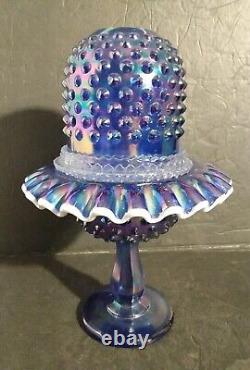 Fenton FAIRY LAMP COBALT Blue Carnival Iridescent Glass 9 Pedestal Hobnail 3 Pc