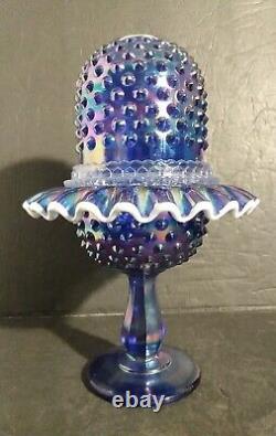 Fenton FAIRY LAMP COBALT Blue Carnival Iridescent Glass 9 Pedestal Hobnail 3 Pc