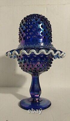 Fenton FAIRY LAMP COBALT Blue Carnival Iridescent Glass 9 Pedestal Hobnail 3 Pc