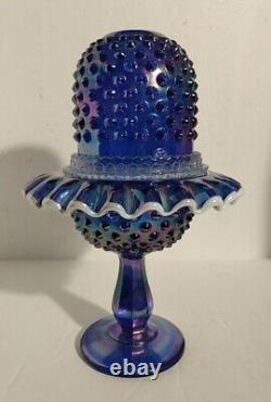 Fenton FAIRY LAMP COBALT Blue Carnival Iridescent Glass 9 Pedestal Hobnail 3 Pc