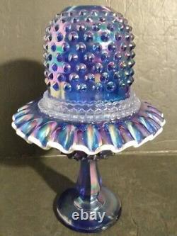 Fenton FAIRY LAMP COBALT Blue Carnival Iridescent Glass 9 Pedestal Hobnail 3 Pc