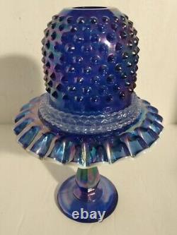 Fenton FAIRY LAMP COBALT Blue Carnival Iridescent Glass 9 Pedestal Hobnail 3 Pc