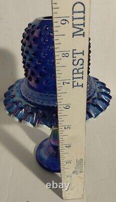 Fenton FAIRY LAMP COBALT Blue Carnival Iridescent Glass 9 Pedestal Hobnail 3 Pc