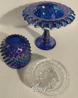 Fenton FAIRY LAMP COBALT Blue Carnival Iridescent Glass 9 Pedestal Hobnail 3 Pc