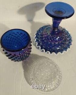 Fenton FAIRY LAMP COBALT Blue Carnival Iridescent Glass 9 Pedestal Hobnail 3 Pc