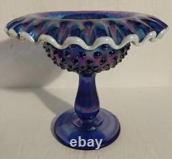 Fenton FAIRY LAMP COBALT Blue Carnival Iridescent Glass 9 Pedestal Hobnail 3 Pc