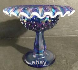 Fenton FAIRY LAMP COBALT Blue Carnival Iridescent Glass 9 Pedestal Hobnail 3 Pc