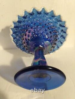 Fenton FAIRY LAMP COBALT Blue Carnival Iridescent Glass 9 Pedestal Hobnail 3 Pc