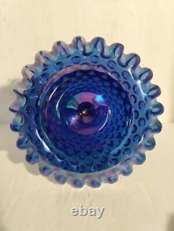 Fenton FAIRY LAMP COBALT Blue Carnival Iridescent Glass 9 Pedestal Hobnail 3 Pc