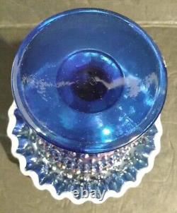 Fenton FAIRY LAMP COBALT Blue Carnival Iridescent Glass 9 Pedestal Hobnail 3 Pc