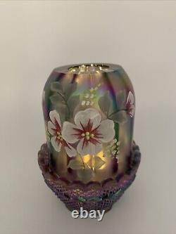 Fenton Fairy Lamp Light Hand Painted Flowers Carnival Glass Signed Iridescent