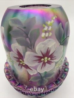 Fenton Fairy Lamp Light Hand Painted Flowers Carnival Glass Signed Iridescent