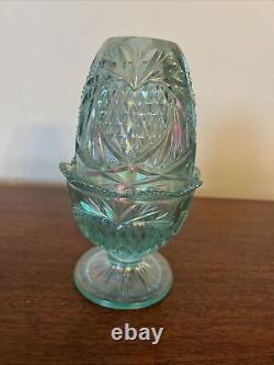 Fenton Fairy Lamp Pineapple Heart Iridescen Carnival Teal Blue Vintage