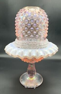 Fenton Fairy Lamp Pink Iridescent Carnival Hobnail Glass Snow Crest 3 Piece 9in