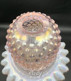 Fenton Fairy Lamp Pink Iridescent Carnival Hobnail Glass Snow Crest 3 Piece 9in