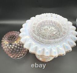 Fenton Fairy Lamp Pink Iridescent Carnival Hobnail Glass Snow Crest 3 Piece 9in