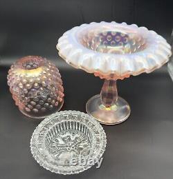 Fenton Fairy Lamp Pink Iridescent Carnival Hobnail Glass Snow Crest 3 Piece 9in