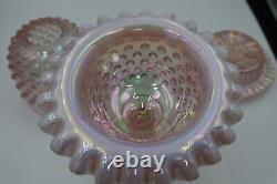 Fenton Fairy Lamp Pink Iridescent Carnival Hobnail Glass Snow Crest 3 Piece 9in