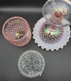 Fenton Fairy Lamp Pink Iridescent Carnival Hobnail Glass Snow Crest 3 Piece 9in