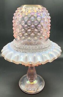 Fenton Fairy Lamp Pink Iridescent Carnival Hobnail Glass Snow Crest 3 Piece 9in