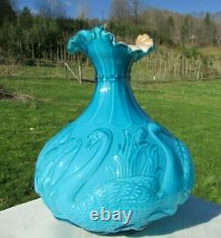 Fenton Glass Blue Azure Glossy Glass SWAN & Cattails Vase 8.25H x 7.25W