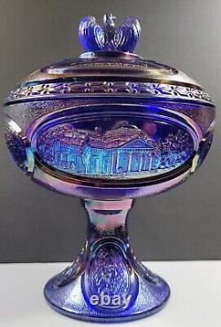 Fenton Glass Blue carnival Iridescent Thomas Jefferson Bi Centennial Comport