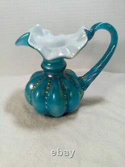 Fenton Glass Cased Iridescent Turquoise Blue & White Melon Vase Pitcher