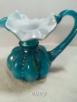 Fenton Glass Cased Iridescent Turquoise Blue & White Melon Vase Pitcher