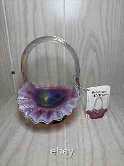 Fenton Glass Inverted Strawberry Basket Opalescent Carnival 7 W Box And Tag