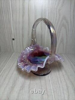 Fenton Glass Inverted Strawberry Basket Opalescent Carnival 7 W Box And Tag