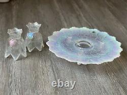 Fenton Glass Leaf Cake Stand White Carnival Opalescent & 2 Tulip Candle Holders