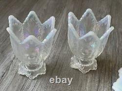 Fenton Glass Leaf Cake Stand White Carnival Opalescent & 2 Tulip Candle Holders