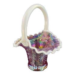 Fenton Glass Purple Iridescent Carnival Basket Butterfly Berry W C Fenton Signed
