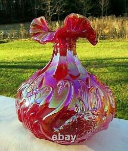 Fenton Glass Ruby Red Carnival Glass SWAN Vase 8.25H x 7.25W