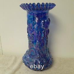 Fenton Glass Ruffled Edge Pattern Iris Vase 12 Tall Iridescent Carnival Blue